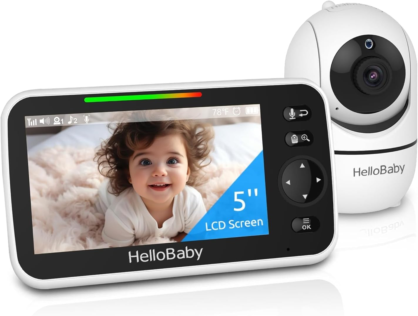 HelloBaby Monitor de bebé sin WiFi, pantalla de 5 pulgadas, batería de 30 horas, video de panorámica/inclinación/zoom mejorado con cámara y audio, visión nocturna, VOX, conversación bidireccional, 8