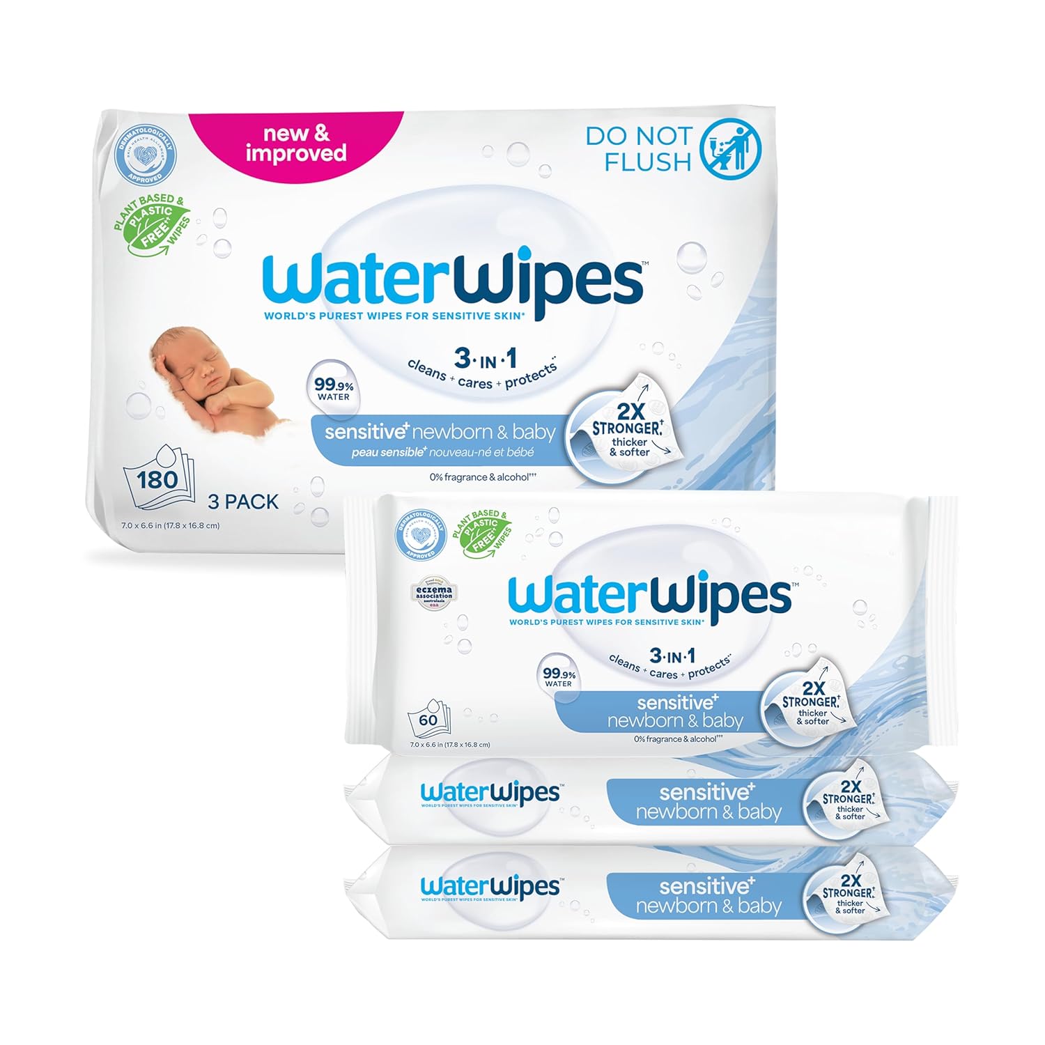 WaterWipes Sensitive+ Toallitas 3 en 1 para recién nacidos y bebés, limpias, cuidan, protegen, 99.9% de agua, sin perfume e hipoalergénicas, 180 unidades (3 paquetes)