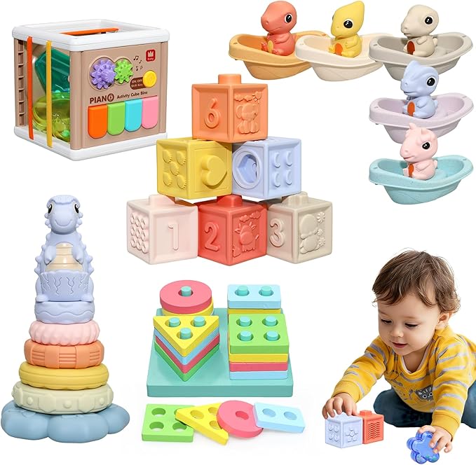 Set Montessori 5 en 1 - Cubos, formas, apilador y más
